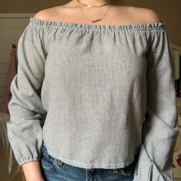 Navy & White Striped Off The Shoulder Brandy Top - Picture 1 of 5